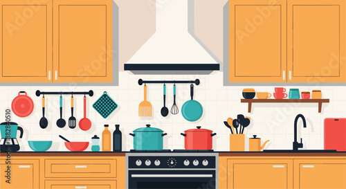 Fully equipped modern kitchen interior featuring wooden cabinets, a stove, hood, sink, and neatly organized cooking utensils and pots.