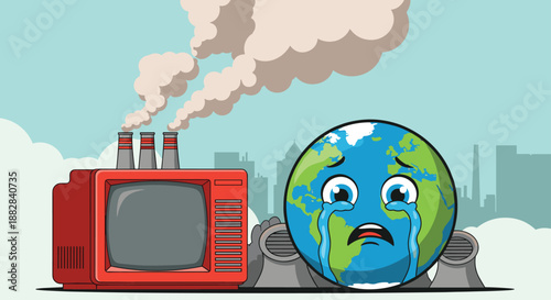 Sad personified earth planet cries while standing next to a polluting industrial factory with smoking chimneys and an old TV.