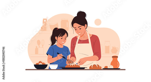 Happy mother and daughter enjoy spending quality time together while baking fresh bread and pastries in a cozy home kitchen.