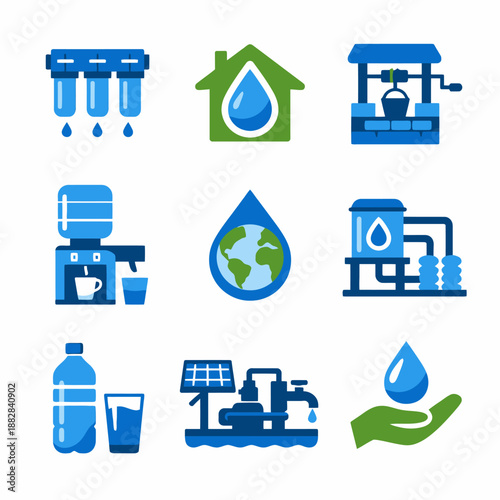 Water conservation and filtration icons: sustainability and resource management