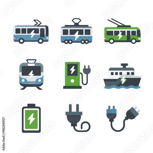 Electric transport icons: bus, trolleybus, train, ferry, charging station, battery, plug