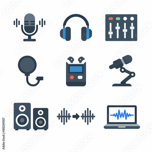 Audio equipment icons: microphone, headphones, mixer, speakers, waveform