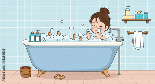 Woman relaxing in a blue bathtub filled with bubbles in a cozy tiled bathroom with toiletries on a wooden shelf in flat vector style.