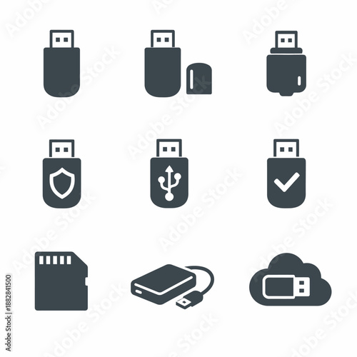 Usb drive and storage icons set featuring security and cloud options