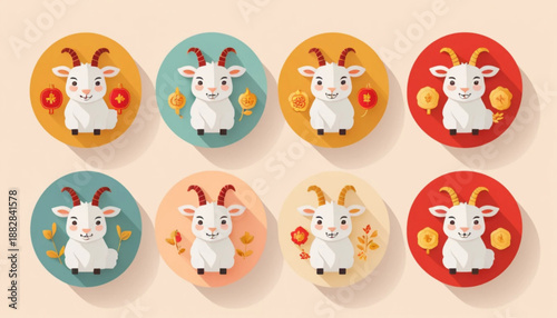 Flat illustration of assorted Chinese Zodiac Goat icons 