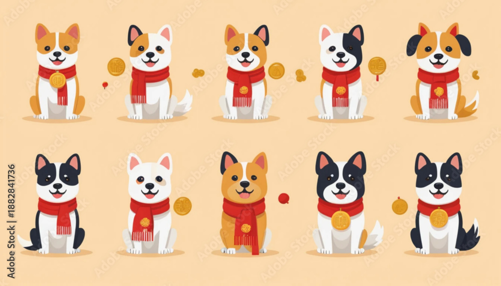 Obraz premium Flat illustration of assorted Chinese Zodiac dog icons arranged neatly in two rows on a simple plain background.