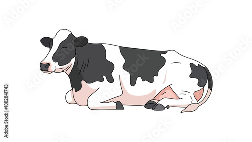 A charming stylized illustration of a peaceful black and white dairy cow, calmly resting on a pristine white background, perfect for conveying