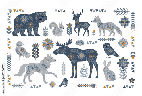 Vector folklore illustration featuring whimsical forest animals with intricate floral and geometric patterns. Includes a bear, deer, fox, moose, and other forest creatures surrounded by decorative ele