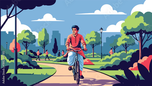 Vector illustration of an Indian man in kurta and dhoti riding a bicycle in a city park, promoting healthy urban lifestyle while wearing traditional Indian clothing