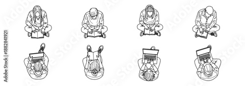 Architectural Vector Students for Floor Plans: Top View Figures Studying and Sitting for Educational Layouts in Outline Style