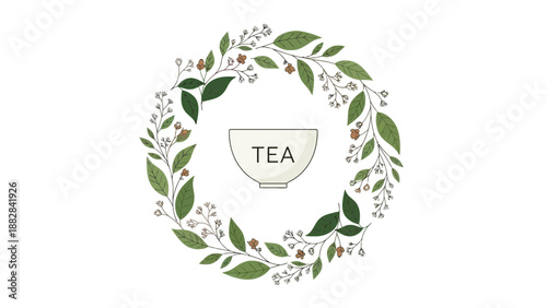 Elegant Floral Wreath Design Surrounding A Tea Cup, Perfect For Branding Or Stationery