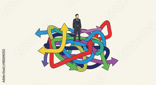 Business leader rising above confusion of tangled directional arrows