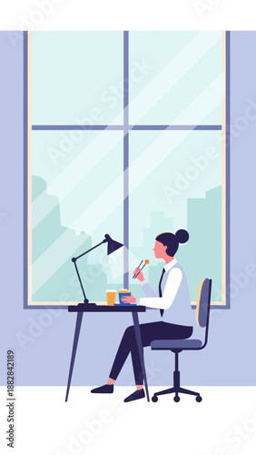 Elegant Office Lunch: A Modern Professional Enjoying Food with a City View in the Background