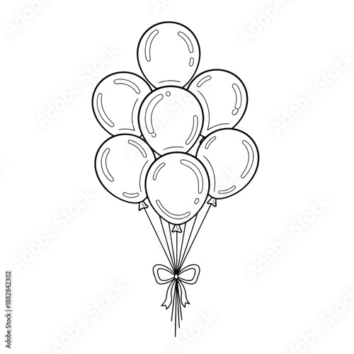 a detailed black and white illustration showcases a collection of round balloons tied together with a decorative bow