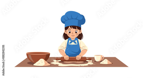 Cute young girl chef wearing a blue apron and hat rolls out dough on a kitchen counter with flour and baking tools.