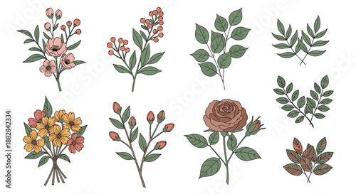 Diverse collection of delicate hand-drawn flowers, leaf sprigs, and rose blossoms in muted vintage colors on a white background.