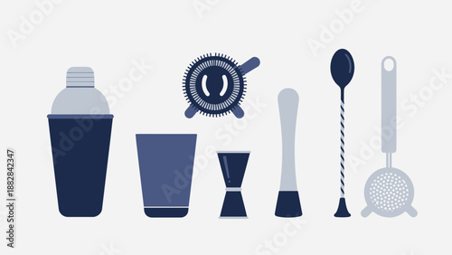 Essential Bar Tools and Drinkware Illustrated in Minimalist Vector Style Design