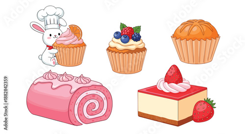 Delicious assortment of pastries featuring colorful cupcakes, a pink swiss roll, and a strawberry cheesecake slice.
