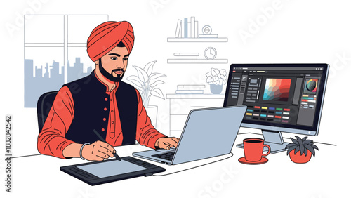 Vector illustration of an Indian man in traditional kurta working as a freelance professional, symbolizing flexible modern careers combined with cultural clothing style