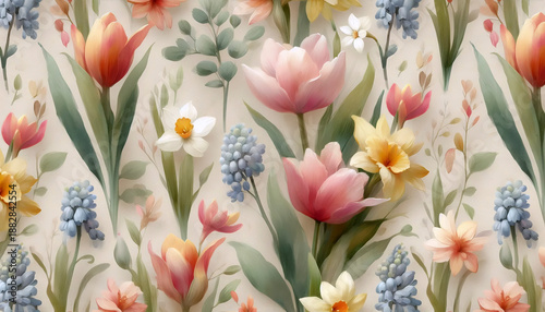 A gentle watercolor flowers for Spring crafts seamless pattern, Ai generated image