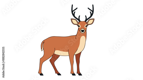 A clear digital illustration of a magnificent deer featuring impressive dark antlers standing alertly with gentle eyes on an uncluttered white
