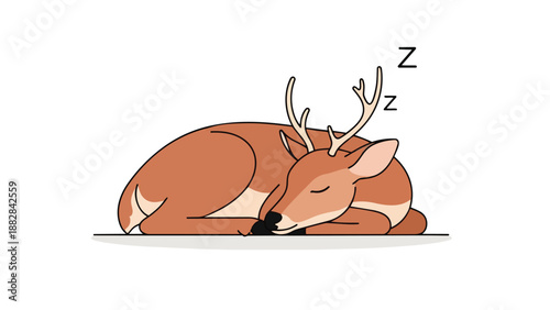 A tranquil cartoon deer with antlers enjoying a deep, peaceful sleep, curled up comfortably on a clean white background. This charming depiction