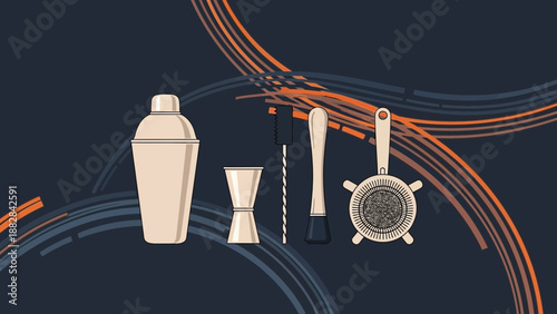 Essential Bar Tools Arranged Against a Fluid Background for Beverage Preparation