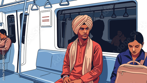 Vector illustration of an Indian man wearing a kurta commuting on metro train public transport, illustrating daily urban mobility and modern lifestyle with traditional attire