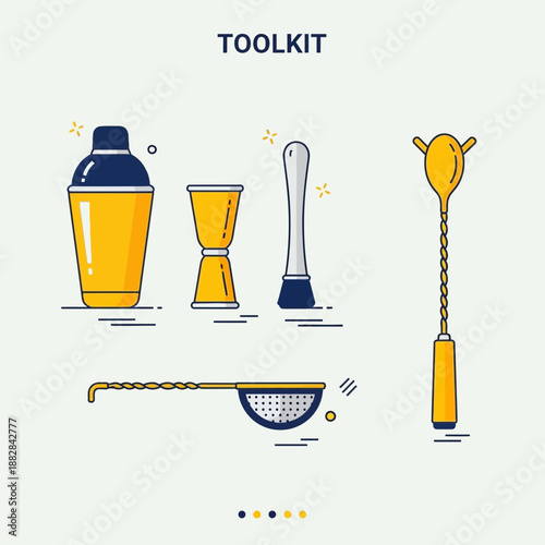Essential Bar Toolkit: Artistic Illustration of Cocktail Shaker, Jigger, Spoon, and Strainer