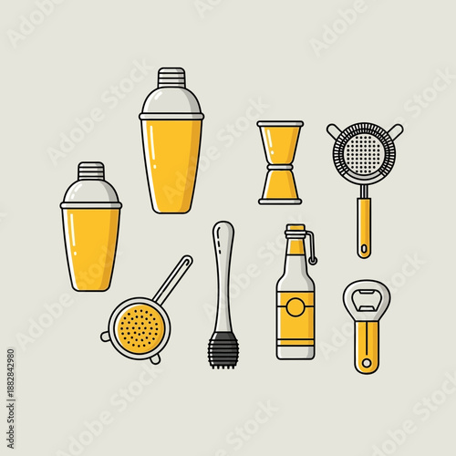 Essential Bar Tools Illustrated in a Modern Minimalist Style for Beverage Creation
