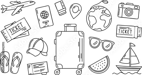 Travel and Vacation Icon Set – Suitcase, Plane, Passport, Camera, and Adventure Elements EPS Pack