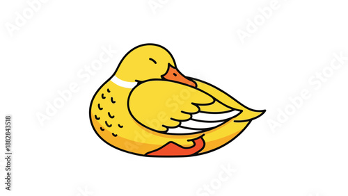 A charming yellow duckling peacefully rests on a serene white background in a delightful cartoon style illustration