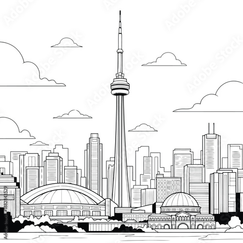 a detailed black and white drawing depicting the toronto skyline featuring cn tower and stadium against cloudy skies