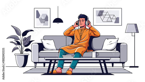 Vector illustration of an Indian man in traditional attire relaxing with headphones, enjoying music as part of a modern leisure lifestyle with cultural fashion
