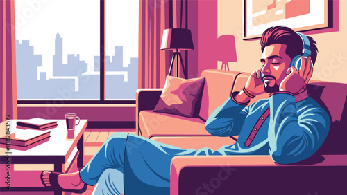 Vector illustration of an Indian man in traditional attire relaxing with headphones, enjoying music as part of a modern leisure lifestyle with cultural fashion