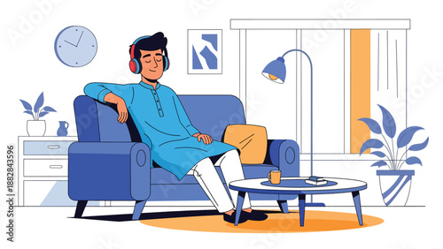Vector illustration of an Indian man in traditional attire relaxing with headphones, enjoying music as part of a modern leisure lifestyle with cultural fashion