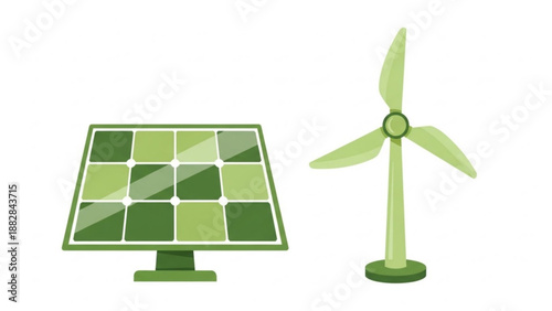 A vector graphic illustration of renewable energy sources with solar panel and wind turbine