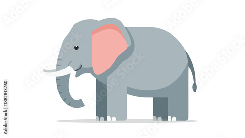 Charming flat design illustration of a friendly grey elephant with pink ears and white tusks. This minimalist vector graphic is ideal for
