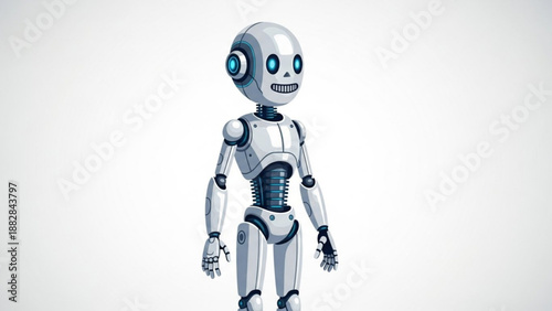 A smiling robot with a metallic body and glowing blue eyes stands alone