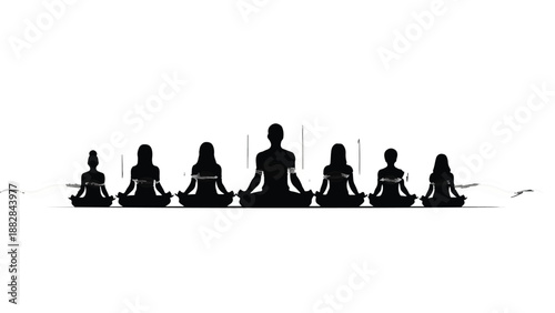 Silhouettes of people meditating in a line, promoting inner peace and mindfulness.