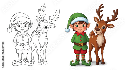 a charming illustration depicts a colorized elf with a reindeer alongside a black and white outline version of