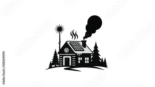 Cozy cabin with solar panels and chimney smoke, surrounded by pine trees, representing sustainable living.