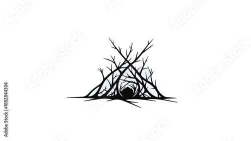 Eerie abstract structure of intertwined branches with a dark center, suggesting mystery and the unknown.