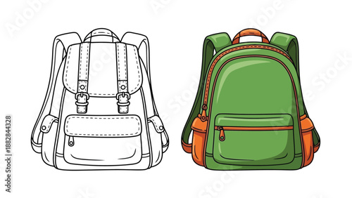 detailed illustration depicting two backpacks one in outline style and the other in color showcasing school essentials