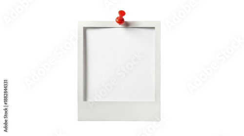 Blank white polaroid instant photo frame pinned with a red pushpin thumbtack. Isolated on transparent background, png