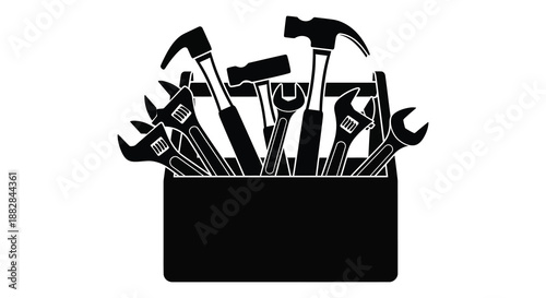 a striking black and white illustration depicting a collection of various hand tools arranged within a container ending with silhouette