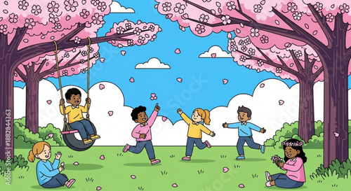 Children playing in a park with cherry blossoms kids on swings and running springtime fun and leisure