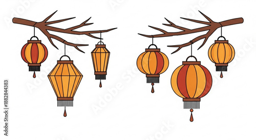 Vibrant orange and red lanterns hanging from bare branches creating a festive atmosphere with soft lighting and symbolic decorations