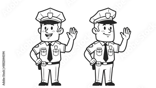 a black and white illustration depicts two smiling cartoon police officers waving hello with friendly gestures