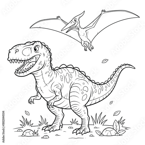 a black and white illustration depicts a friendly dinosaur and a flying pterodactyl in a prehistoric landscape